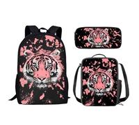 Biyejit Tiger Pattern Children School Bags Set 3 Pieces Backpack Lunch Bag and Pencil Case Lightweight 17 Inches Bookbags for Teen Youth Students