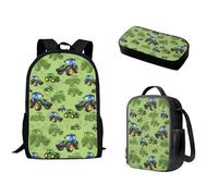 Biyejit Tractor Print Boys Backpack Kids School Bookbag Set with Lunch Box and Pencil Case for Elementary Students Casual Daypack Set of 3