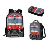 Biyejit Train Printed Backpack Set for Boys Girls Set of 3 Bookbag with Lunch Bag and Pencil Case for Elementary Primary School Large Capacity Kids Casual Daypack