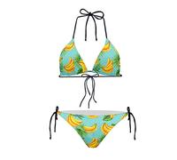 Biyejit Tropical Palm Banana Women's String Two Piece Halter Top Triangle Bikini Set with Tie Side Bottom Sexy Swimsuit Bathing Suits
