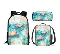 Biyejit Turtles Children School Bags Set 3 Pieces Backpack Lunch Bag and Pencil Case Casual 17 Inches Bookbags for Teen Youth Students