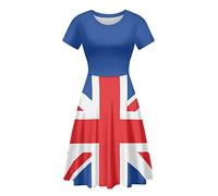 Biyejit United Kingdom Flag Print Women Short Sleeve Dresses Crew Neck Elastic Midi Dress Summer Casual Beach Swing Dress Party Flare Dresses S-4XL