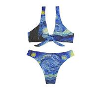 Biyejit Van Gogh Starry Night Women's Tie Knot Front Bikini Top with Bottom Push Up Bathing Suit Two Pieces Quick Dry Summer Beach Swimwear
