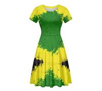 Biyejit Vintage Jamaican Flag Print Summer Dresses for Women Cocktail Party Skater Dress Casual Beach A-Line Swing Dress S-4XL