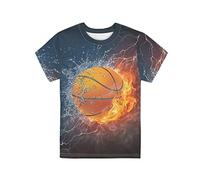 Biyejit Water Fire Basketball Print Kids T Shirts for Boys Short Sleeve Graphic Tees Tops Activewear Clothes Size 3-16 Years