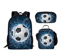 Biyejit Water Soccer Print School Bag Set Children Backpack Casual Daypack Insulated Lunchbox Pencil Case 3 Piece for Teen Kids