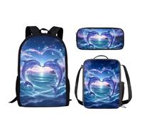 Biyejit Whale School Backpack Set 3 in 1 Backpack with Lunch Bag Pencil Bag Lightweight Kids Schoolbag 17 Inches Primary Junior Middle School
