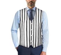 Biyejit White Black Stripe Waistcoat for Men Formal Suit Vest Waistcoat with Button Slim V-Neck Dress Waistcoat for Business Tuxedo Party Wedding Size S-4XL