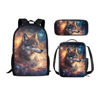 Biyejit Wolf Galaxy School Backpack Set 3 PCS Backpack with Lunch Bag Pencil Bag Lightweight 17 Inches Bookbags Daypack Gift