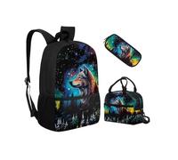 Biyejit Wolf Galaxy School Backpack Set 3 Pieces Backpack with Lunch Bag Pencil Bag Case Large Capacity 17 Inches Kids Schoolbag for High School College Students