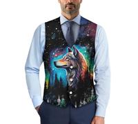 Biyejit Wolf Galaxy Waistcoat for Men Formal Suit Vest with Button Slim V-Neck Dress Waistcoat for Business Tuxedo Party Wedding S-4XL