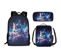 Biyejit Wolf Rose Children School Bags Set 3 in 1 Backpack Lunch Bag and Pencil Case Waterproof Kids Schoolbag 17 Inches Primary Junior Middle School