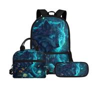 Biyejit Wolf School Backpack Set 3 Pieces Backpack with Lunch Bag Pencil Bag Case Casual Bookbags 17 Inches for High School College Students
