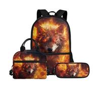 Biyejit Wolf School Bags Set 3-in-1 Children Backpack Lunch Bag and Pencil Case Casual 17 Inches Kids Schoolbag for Teen Students Boys Girls