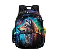 Biyejit Wolf Starry Kids Backpack for School with 1 Side Zipper Pockets and 1 Side Pocket Lightweight Rucksack for Elementary Boys Books and Supplies