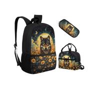 Biyejit Wolf Sunflower School Bags Set 3-in-1 Children Backpack Lunch Bag and Pencil Case Casual 17 Inches Kids Schoolbag for High School College Students