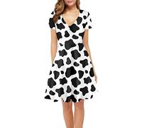 Biyejit Women Black White Cow Print Casual Dress Short Sleeve V-Neck Dresses Party A-Line Flared Swing Dress Flowy Beach Sundress