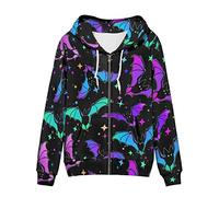 Biyejit Women's Novelty Print Zip Up Hoodies Long Sleeve Hooded Sweatshirt Jacket with Pocket, Colorful Bats, XL