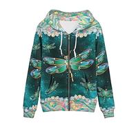 Biyejit Women's Novelty Print Zip Up Hoodies Long Sleeve Hooded Sweatshirt Jacket with Pocket, Green Dragonfly, Medium