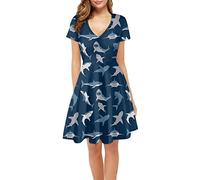 Biyejit Women's Sea Shark Print Casual Dresses Short Sleeve Flared A-Line Swing Dress Loose Summer Beach Sundress
