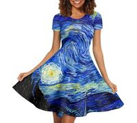 Biyejit Women's Van Gogh 3D Print Short Sleeves Dresses Starry Night Summer Casual Flowy Swing Midi Dress Elastic Party Dresses S-4XL