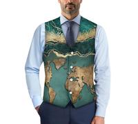 Biyejit World Map Waistcoat for Men Casual Suit Vest Waistcoat with Button Slim Classic Sleeveless Jacket for Business Tuxedo Party Wedding S-4XL