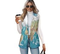 Biyejit World Map Women's Waistcoats Single Breasted Sleeveless Blazer Dress V-neck Dressy Suit Vest Waistcoat for Adults S-5XL