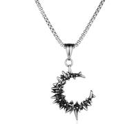 BIYONGDE Gothic Crescent Moon with Thorns Vintage Pendant Necklace for Men and Women, Antique Silver Stainless Steel Spiked Moon Design, Unisex,Punk Rock Style