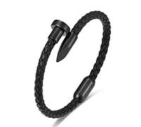 BIYONGDE Men's Braided Leather Bracelet with Black Stainless Steel Nail Ornament, Slim Leather Bangle Bracelet for Men and or Women, Minimalist and Urban Style Unisex, M, Leather, no gemstone