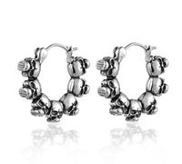 BIYONGDE Mens Stainless Steel Gothic Skull Hoop Hinged Earrings, Vintage Silver Tone Small Round Design, Punk Rock Style