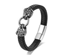 BIYONGDE Mens Stainless Steel Vintage Dragon Head/Skull Charm Black Braided Leather Bangle Bracelet, Biker Punk Rock, Spring Ring Hook Clasp, One Size, Leather, no gemstone
