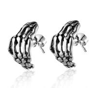 BIYONGDE Mens Womens Stainless Steel Gothic Skeleton Hand Stud Earrings, Silver Color Vintage Finger Bones Design,Unisex,Punk Rock Style