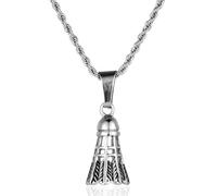 BIYONGDE Stainless Steel Badminton Shuttlecock Pendant Necklace with 24 Inch Rope Chain, Silver Color with 3D Engraved Vintage Detailing,Sporty and Cool Style for Sports Lovers