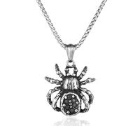 BIYONGDE Stainless Steel Gothic Spider Pendant Necklace with Black CZ Stones, Antique Silver Vintage Design, Halloween Reptile Animal Jewelry Gift for Men and Women,Unisex,Punk Rock Style