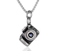 BIYONGDE Vintage Stainless Steel Camera Pendant (No Filming Function) Necklace with I Love U Image, 24 inches Chain, Mens Womens, Unique Gift for Photographer, Stainless Steel, No Gemstone
