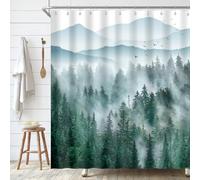 BIYSUC Green Misty Forest Shower Curtain Foggy Nature Pine Tree Mountain Woodland Ombre Plant Bath Curtain Decorative Bathroom Decor Waterproof Polyester Fabric 72Wx72L Inch with Hooks