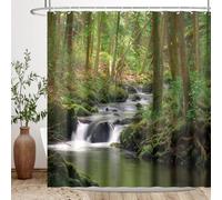 BIYSUC Stream Shower Curtain Waterfall Nature Green Jungle Tree Plant Mossy Rocks Scenery Landscape River Jungle Bathroom Decor Waterproof Polyester Fabric 72Lx72W Inch with Hooks
