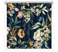 BIYSUC Watercolor Floral Shower Curtain Dark Blue Colorful Retro Boho Flower Bloosom Leaves Plant Modern Bathroom Home Decor Waterproof Polyester Fabric 72Lx72W Inch with 12 Pack Hooks