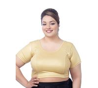 Biyu Women's Lycra Stretchable Gold Short Sleeves Round Neck Princess Cut Plus Size Readymade Saree Blouse, Gold, 50, Gold, 50