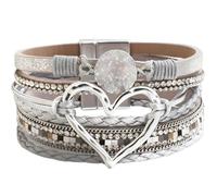 Bizaical Leather Bracelets for Women, 1 Piece Handcrafted Boho Bracelets for Women with Magnetic Clasp and Heart Charm, Genuine Leather Cuff Bracelet Everyday Jewellery