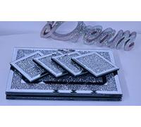 Biznest 10X10Cm Square Shape Mirror Line Border Coasters 20X30Cm Crushed Diamond Crystal Placemat Table Worktop Mat, Set Of 4 Coasters And 2 Placemat