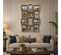 Biznest 12 Multi-Opening Collage Rustic Grey Brush Ornate Style Wall Mount Photo Frame 6 X 4 Inch Aperture Picture Plastic 58X45Cm