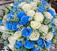 Biznest 2 Bundle Artificial Roses Flower Bouquet (48 Head) Mix Colour Home Decor (Cream-Light Blue)