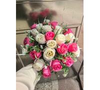 Biznest 2 Bundle Artificial Roses Flower Bouquet (48 Head) Mix Colour Home Decor (Cream-Shocking Pink)