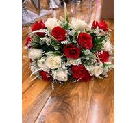 Biznest 2 Bundles Of Artificial Roses Flower Bouquet (48 Heads) Multiple Colours Bunch Available Home, Party, Cemetery, Wedding, Porch, Yard, Indoor & Outdoor Event Decoration (CREAM + RED)