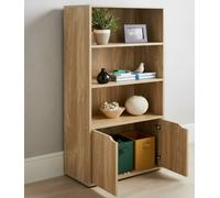 Biznest 3 Open Shelf Tier Bookcase Solid Oak Wood Finish Storage Unit Freestanding Concealed Cupboard 2 Doors Display 120X58X29Cm