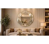 Biznest 3D Art Déco Wall Hanging Prism Effect Mirror Round Plastic Geometrical Design Trim Frame Multi-faceted Style Hallway Furniture Present Idea 60x59x5.5Cm (GOLD)