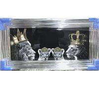 Biznest 3D Liquid Glitter Art Work Mirrored Frame Lion Royal Family Golden Crown Diamante Wall Hung Glass King Queen Cubs Black Gold Landscape 85 X 45 Cm (KING & QUEEN WITH 2X GIRLS)