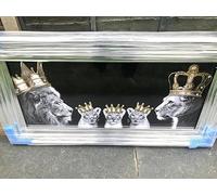 Biznest 3D Liquid Glitter Art Work Mirrored Frame Lion Royal Family Golden Crown Diamante Wall Hung Glass King Queen Cubs Black Gold Landscape 85 X 45 Cm (KING & QUEEN WITH 3X BOYS)