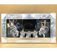 Biznest 3D Liquid Glitter Art Work Mirrored Frame Lion Royal Family Golden Crown Diamante Wall Hung Glass King Queen Cubs Black Gold Landscape 85 X 45 Cm (KING & QUEEN WITH 2X BOYS 1X GIRL)